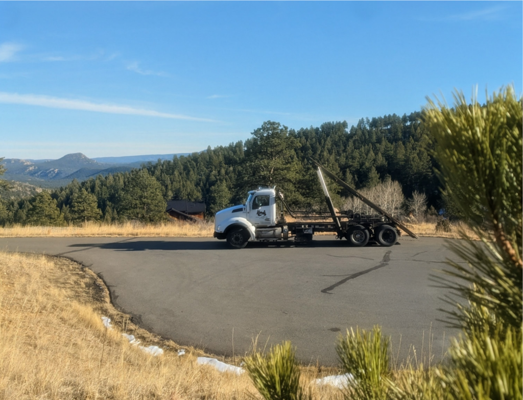 A South Platte Services, LLC roll-off truck in a parking lot overlooking the mountain view of Conifer, CO.